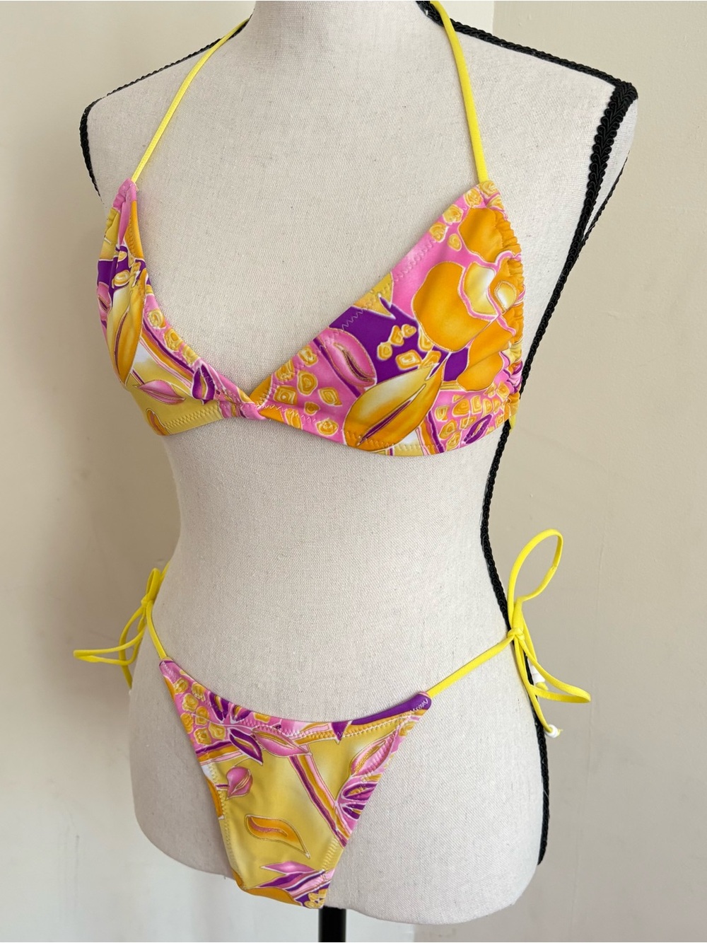 Yellow & Pink Floral Tie-Side Bikini Top and Bottom Set - DOS SWIM Mila Set
